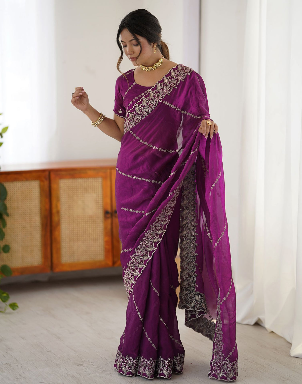 Magenta Tissue Silk Embroidery Saree