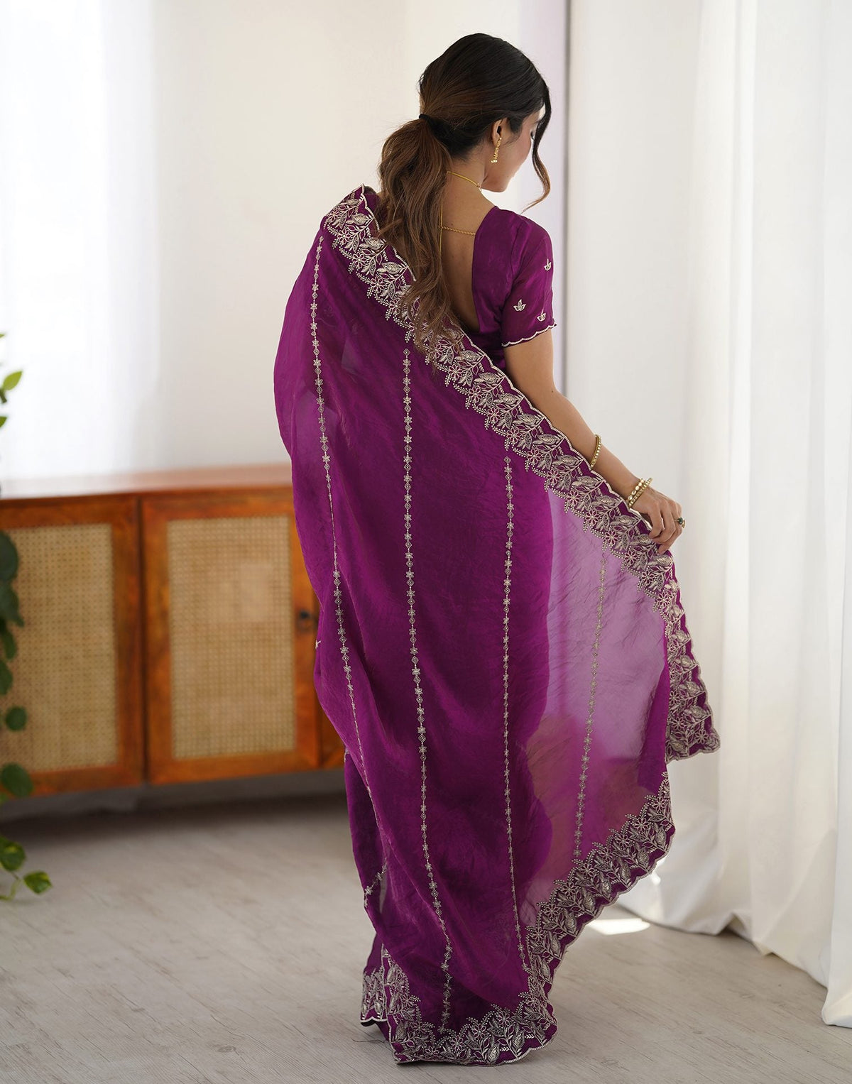 Magenta Tissue Silk Embroidery Saree