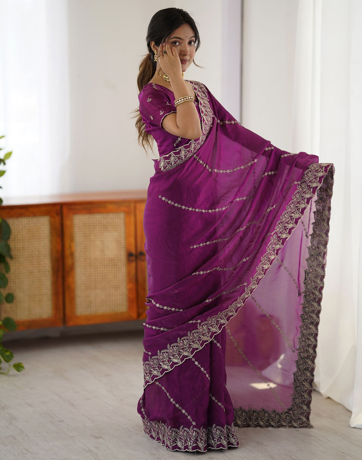 Magenta Tissue Silk Embroidery Saree