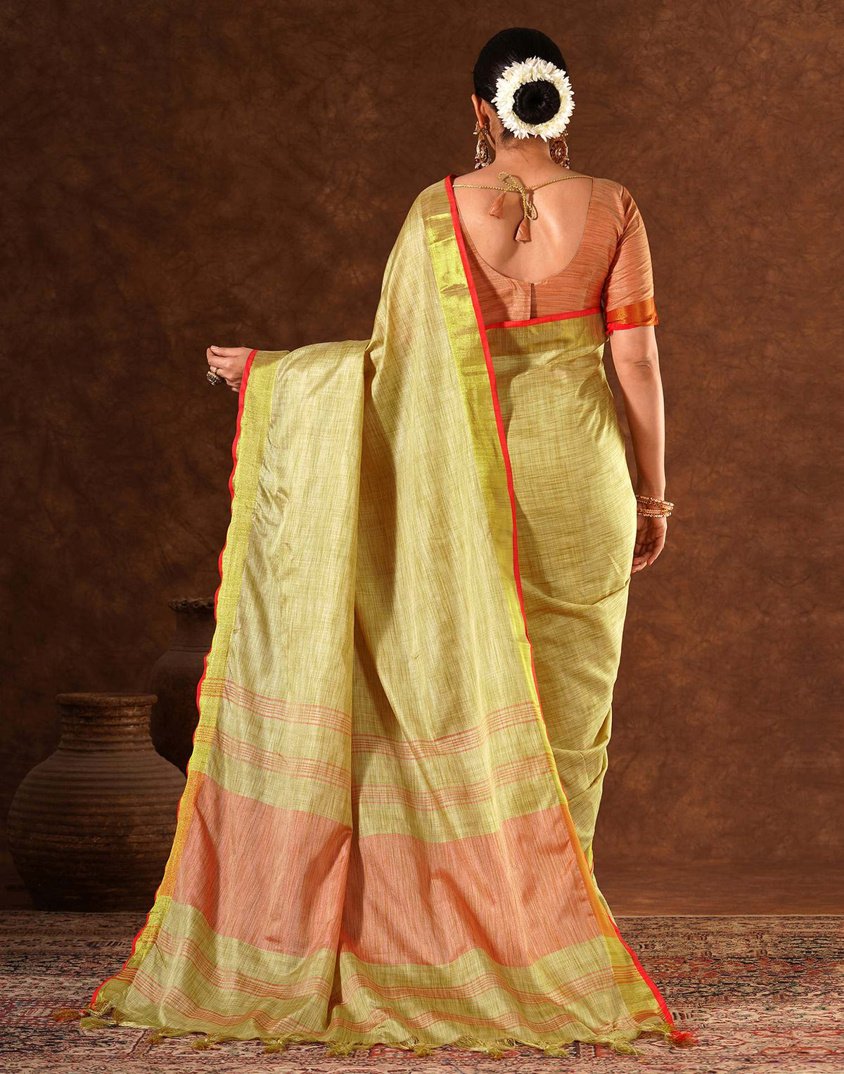 Beige Silk Zari work Plain Saree