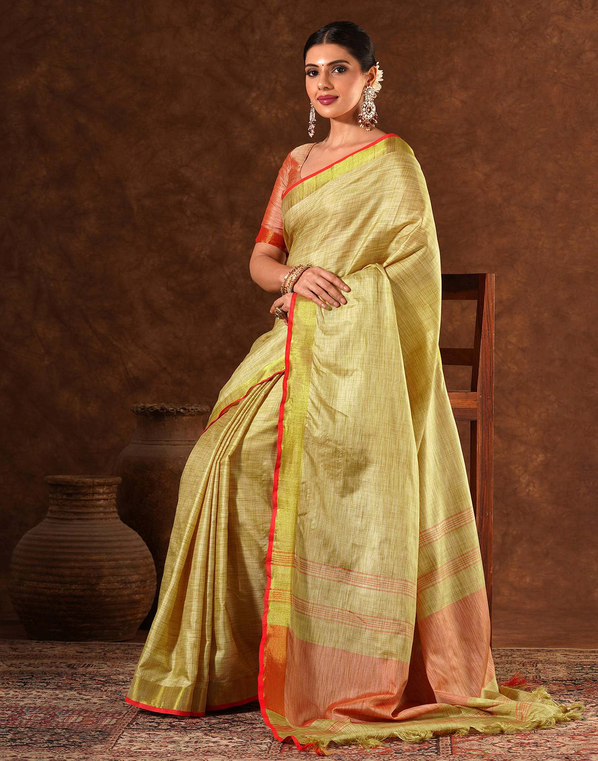 Beige Silk Zari work Plain Saree