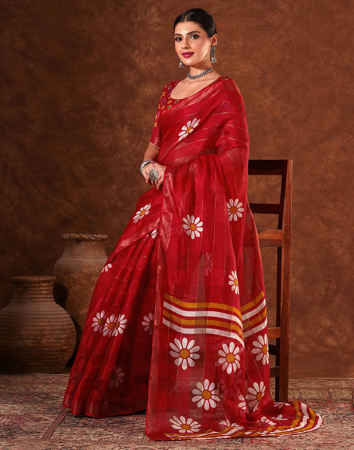 Red Silk Floral Printed Saree