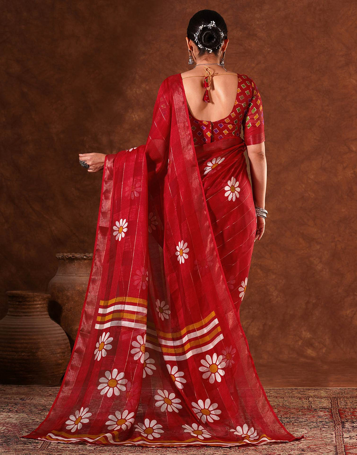 Red Silk Floral Printed Saree
