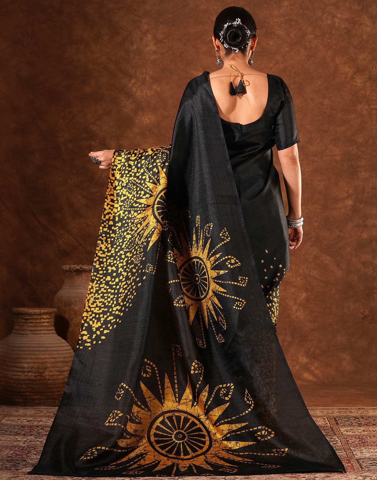 Black Cotton Blend Printed Saree