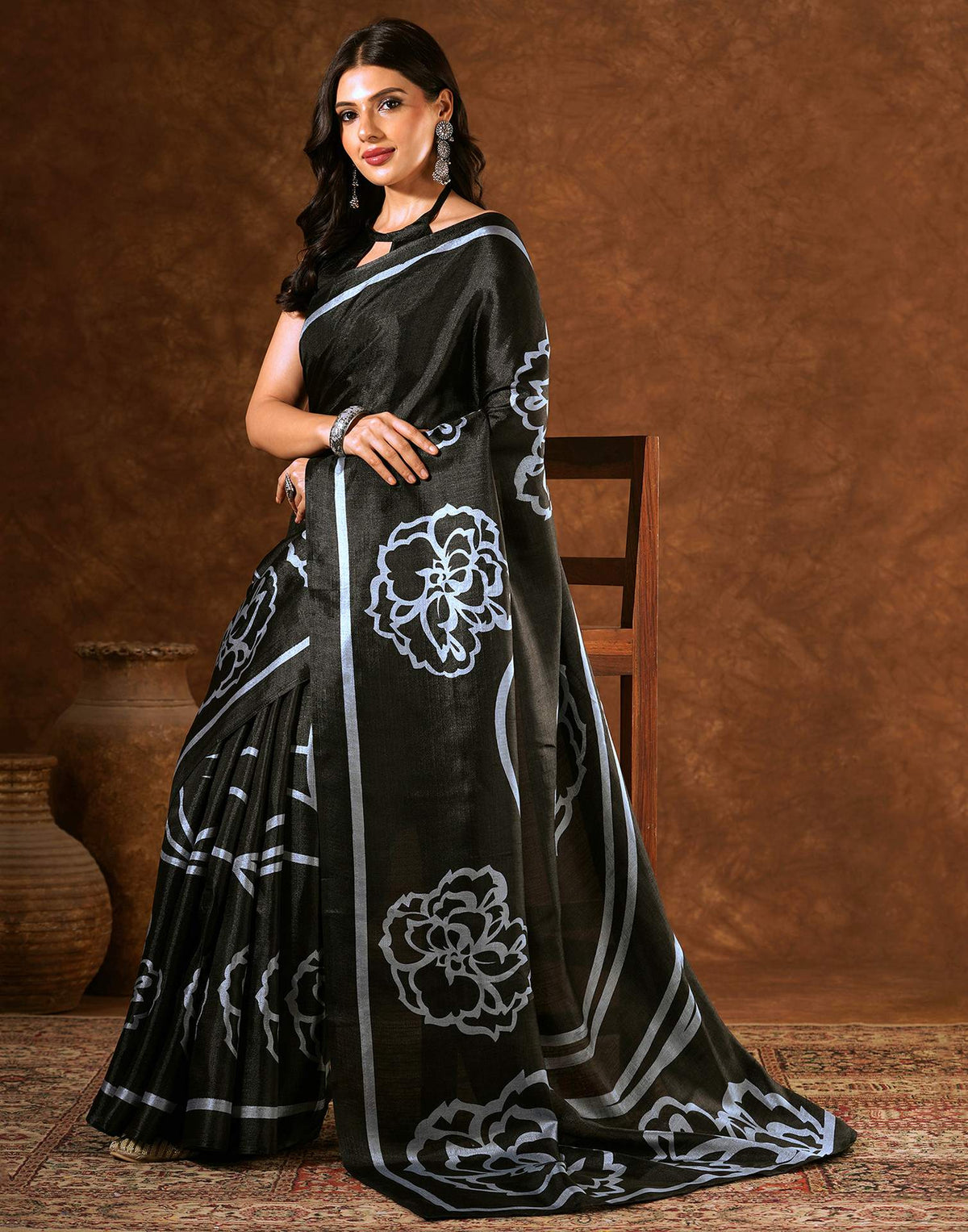 Black Cotton Blend Printed Saree