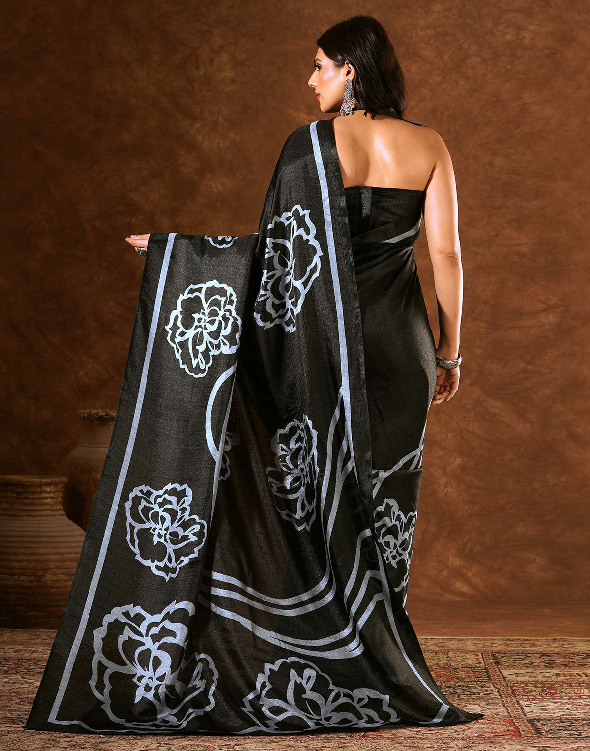 Black Cotton Blend Printed Saree