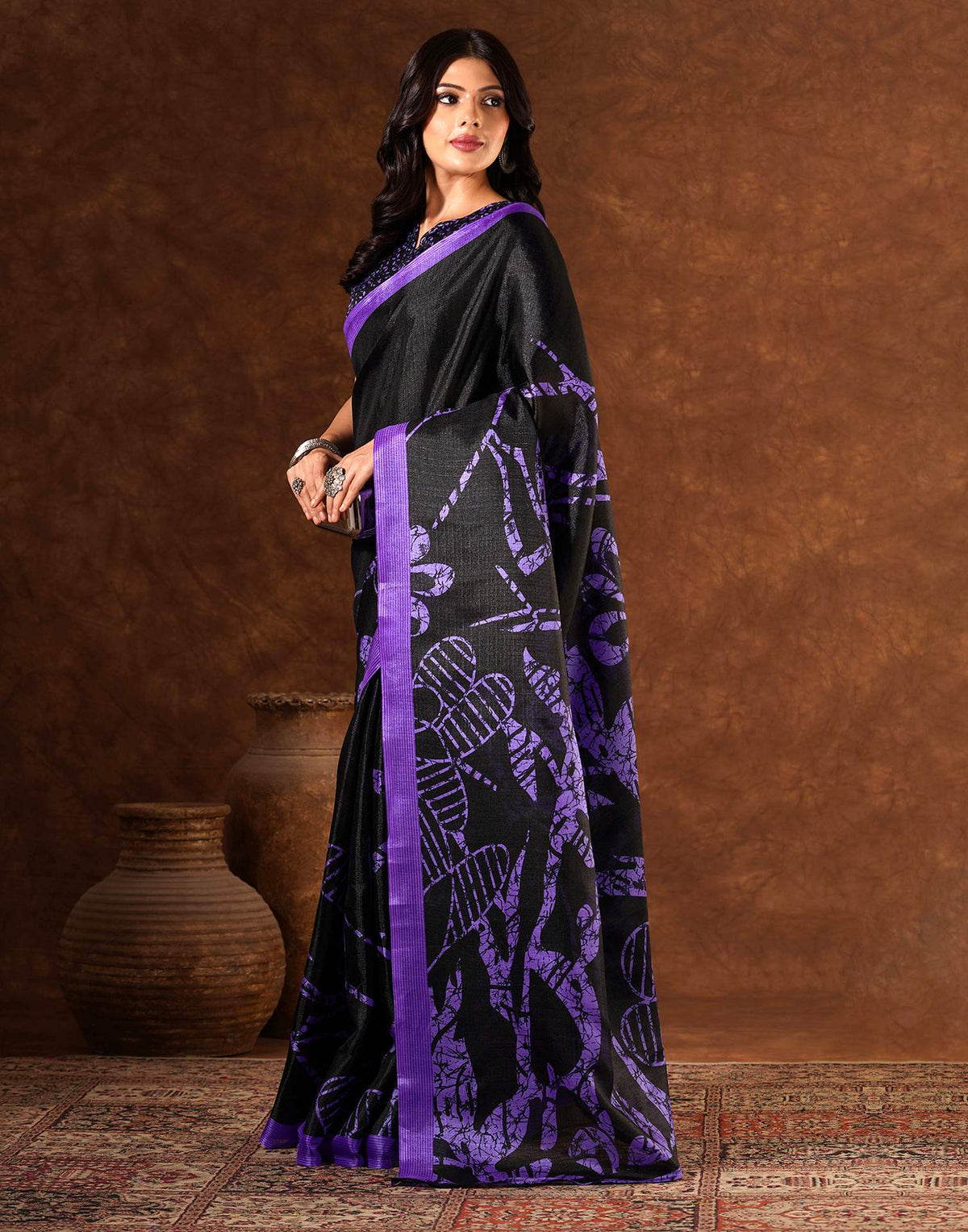 Black Cotton Blend Printed Saree
