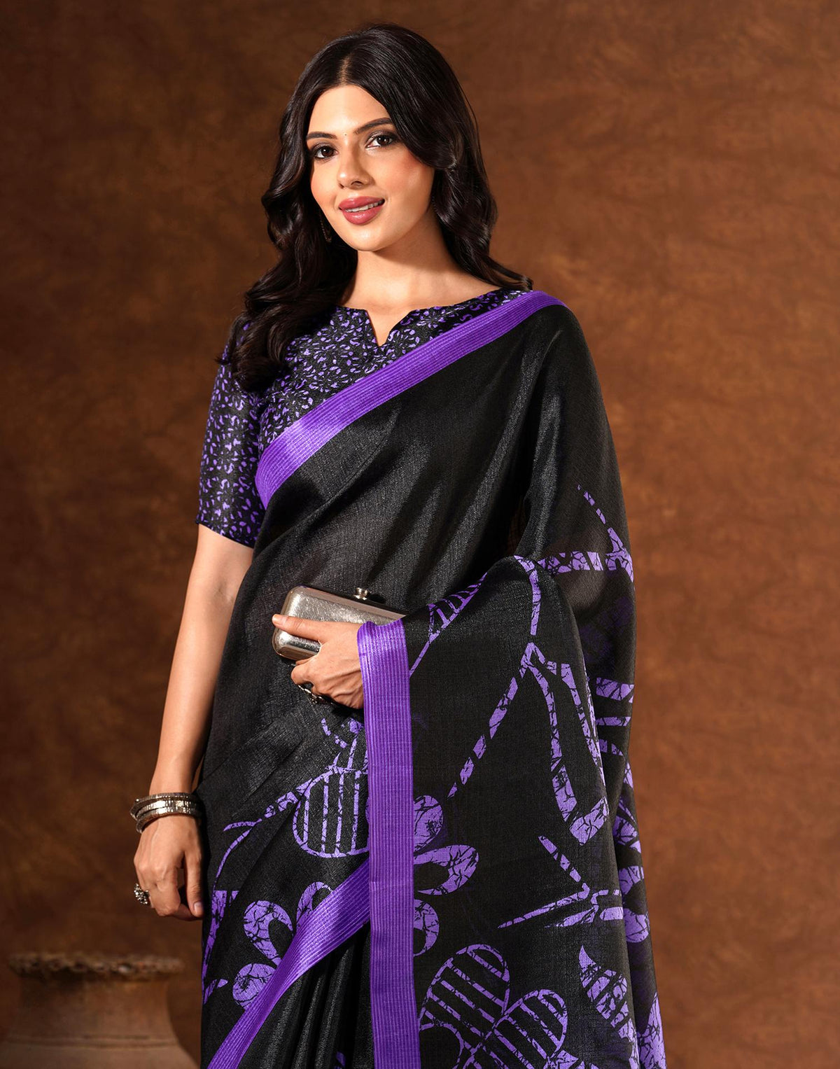 Black Cotton Blend Printed Saree