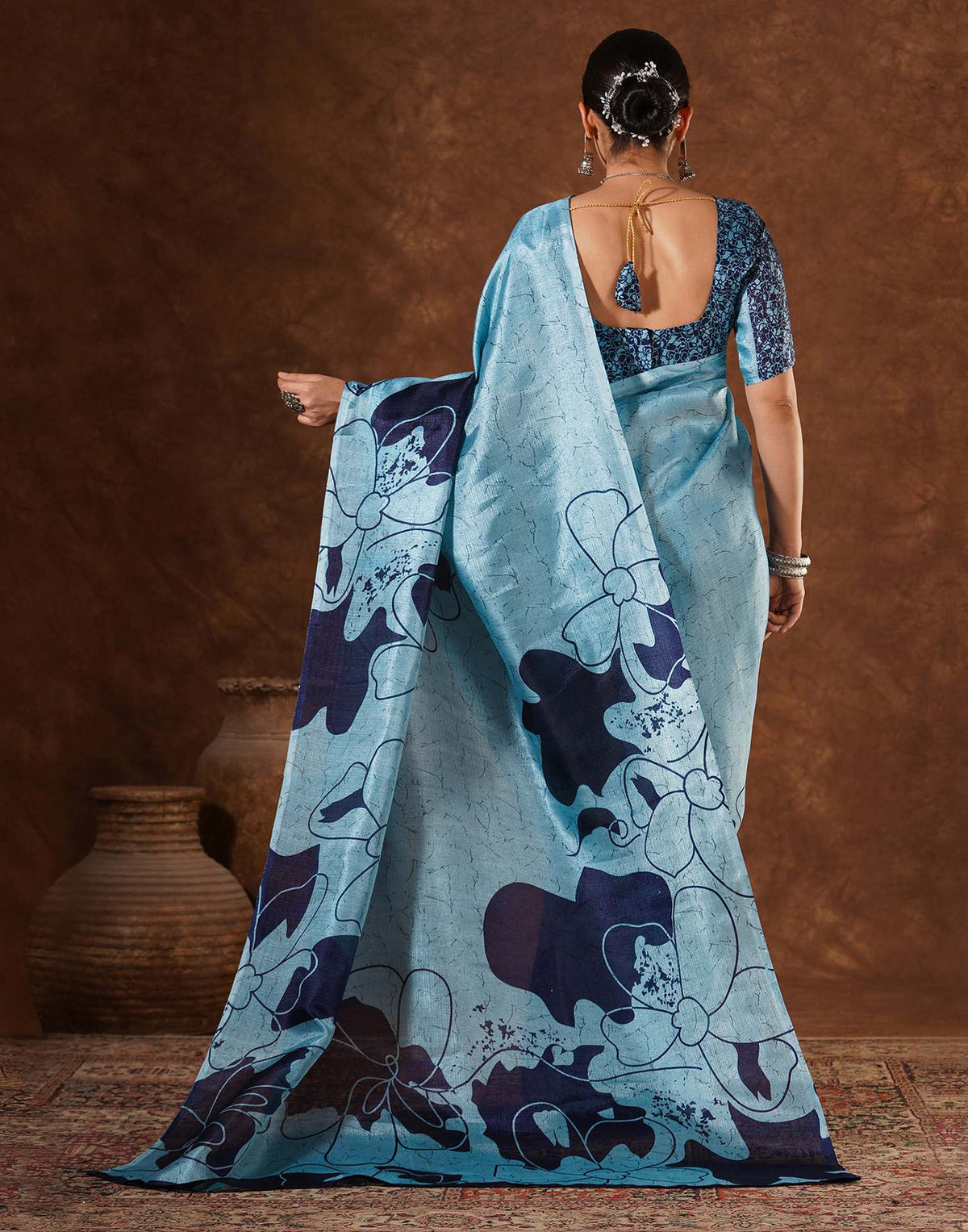 Blue Cotton Printed Saree