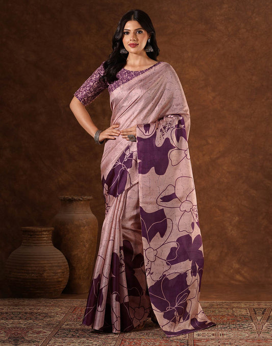 Mauve Cotton Printed Saree