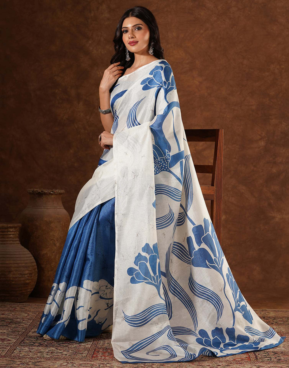 Blue Cotton Printed Saree