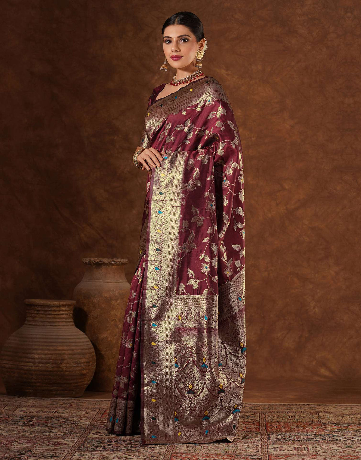 Maroon Silk Woven Banarasi Saree