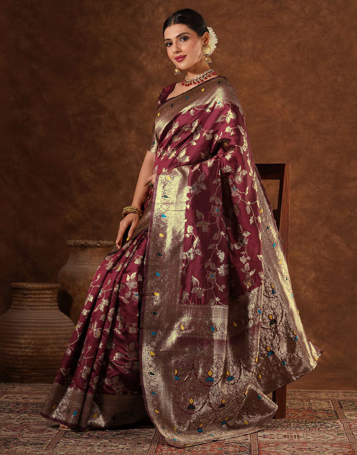 Maroon Silk Woven Banarasi Saree