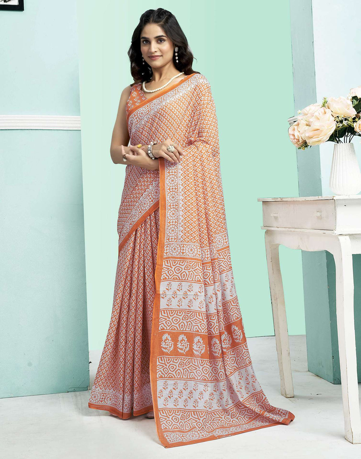 Orange Cotton Printed Saree