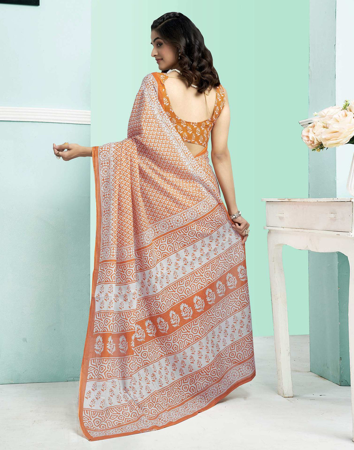 Orange Cotton Printed Saree
