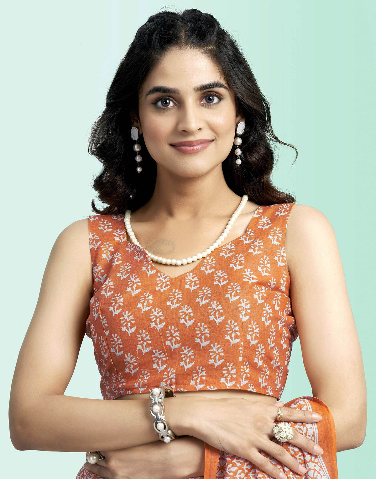 Orange Cotton Printed Saree