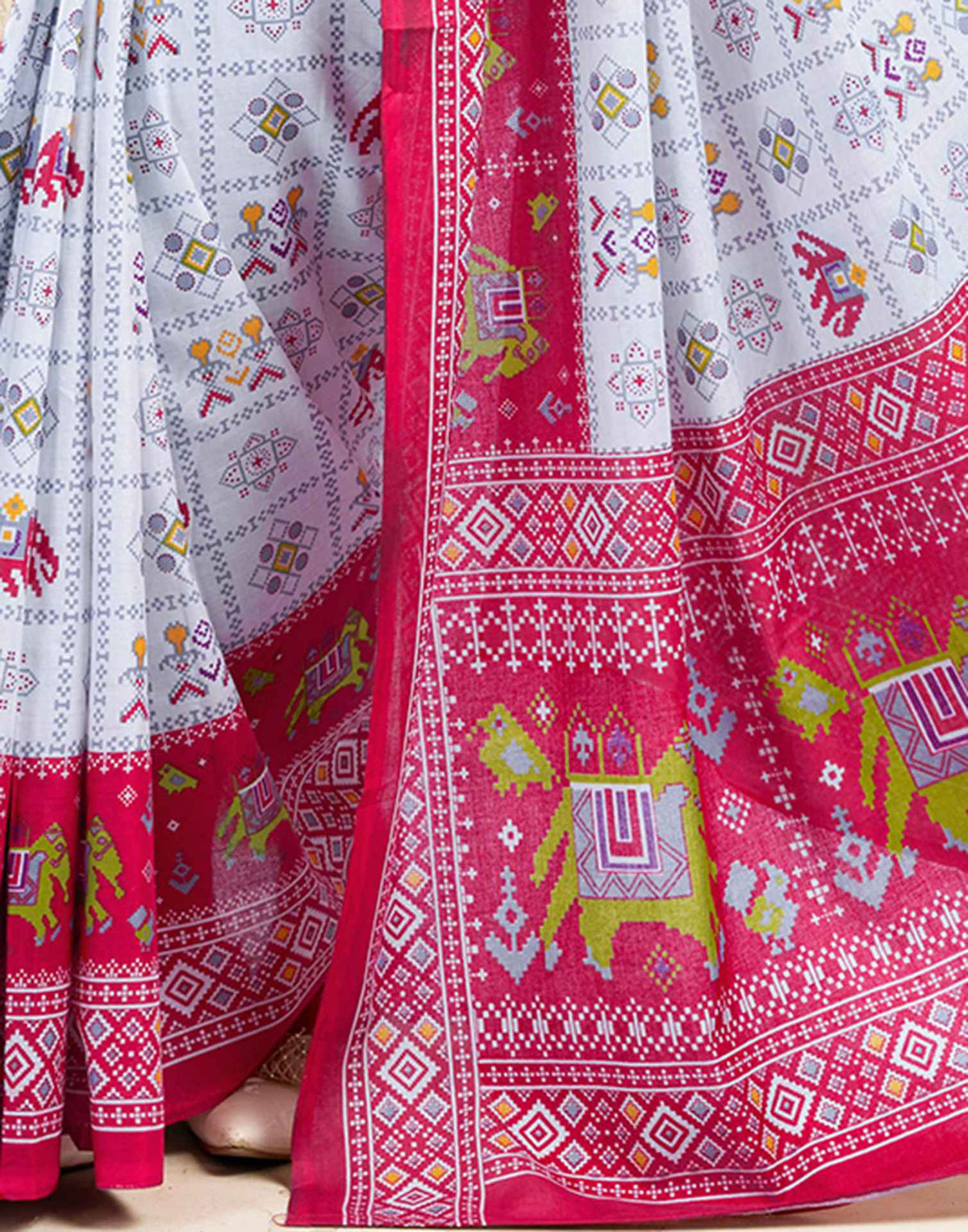 White Cotton Printed Saree