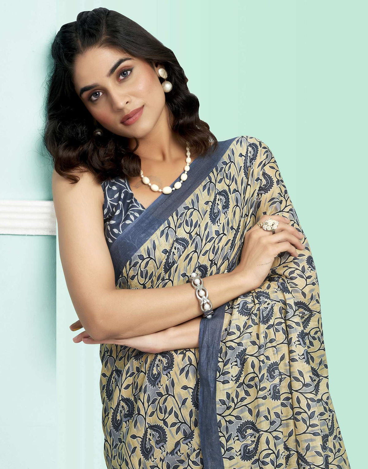 Grey Cotton Printed Saree