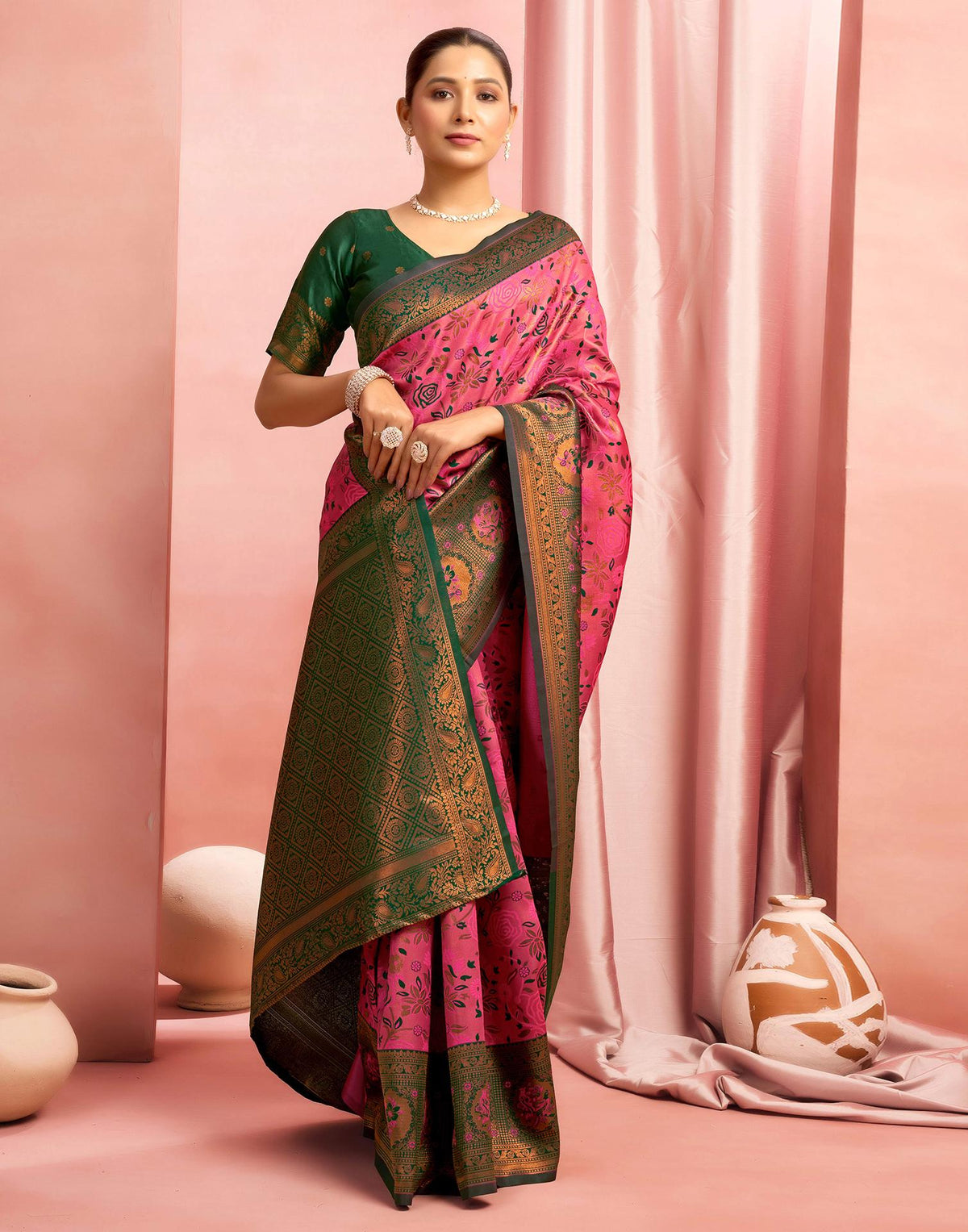 Bright Pink Silk Woven Kanjivaram Saree