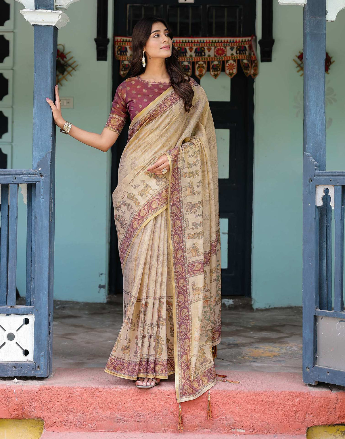 Beige Shimmer Silk Printed Saree