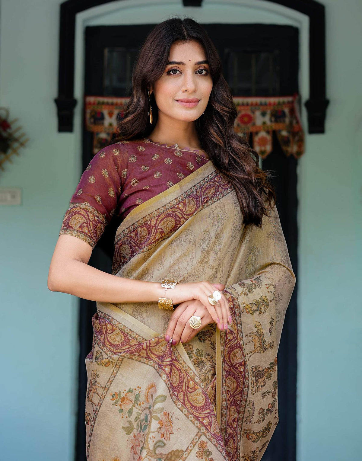 Beige Shimmer Silk Printed Saree