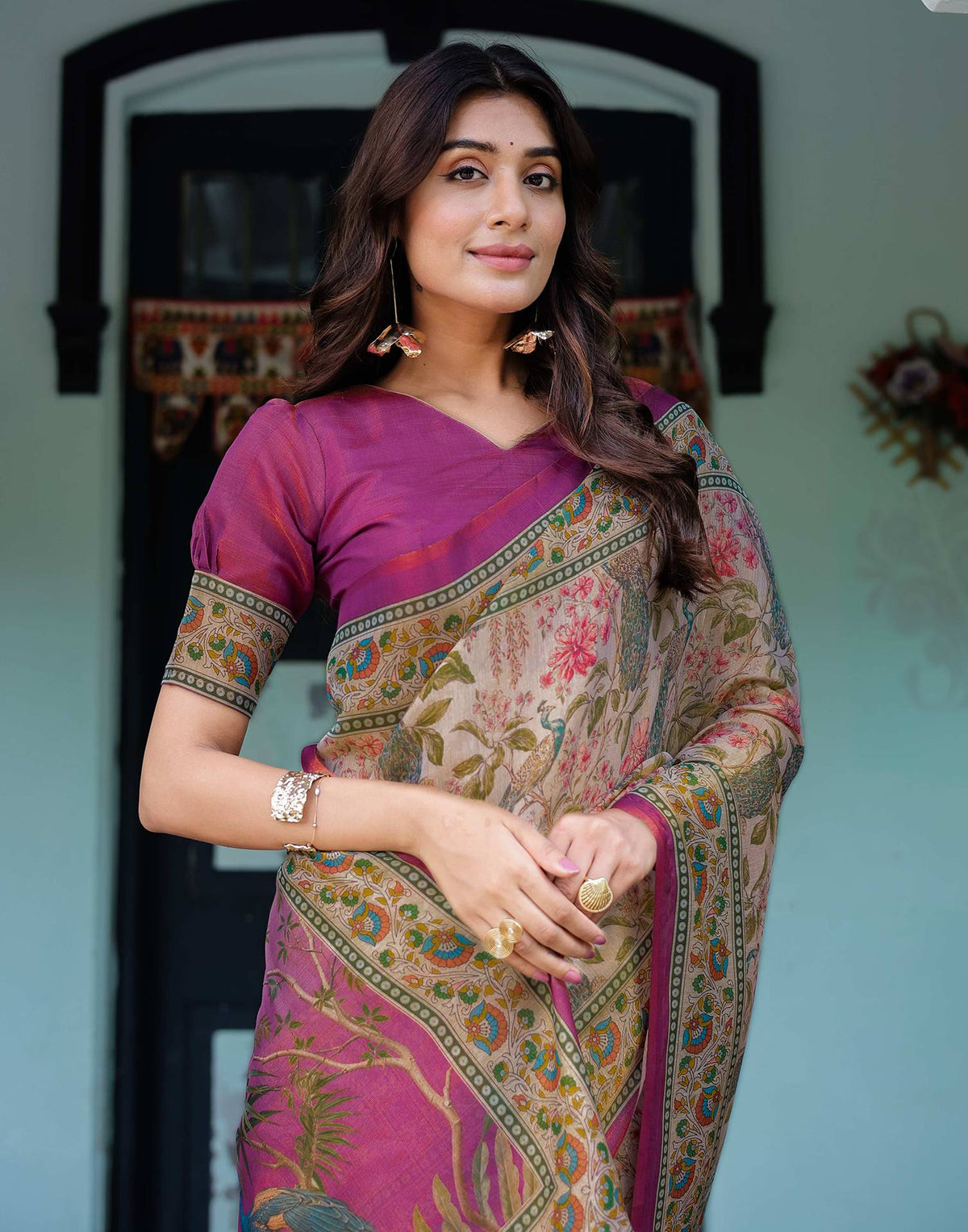 Light Rose Pink Shimmer Silk Printed Saree