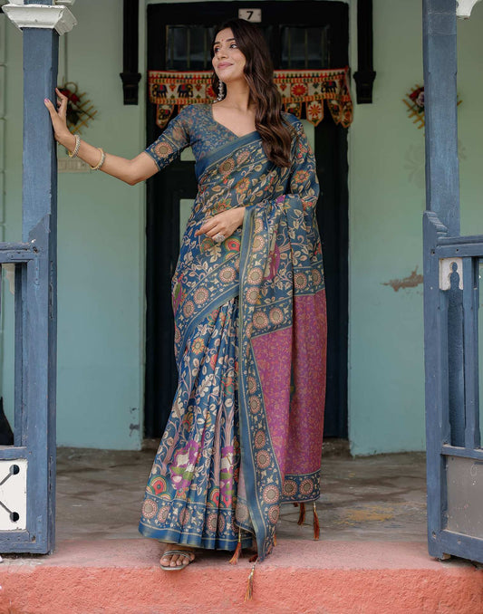 Light Navy Blue Shimmer Silk Printed Kalamkari Saree