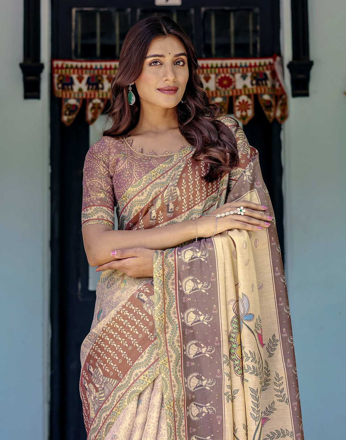 Beige Shimmer Silk Printed Saree