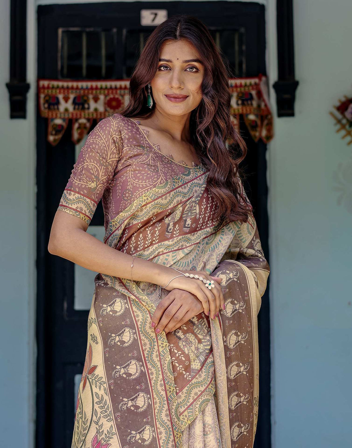 Beige Shimmer Silk Printed Saree