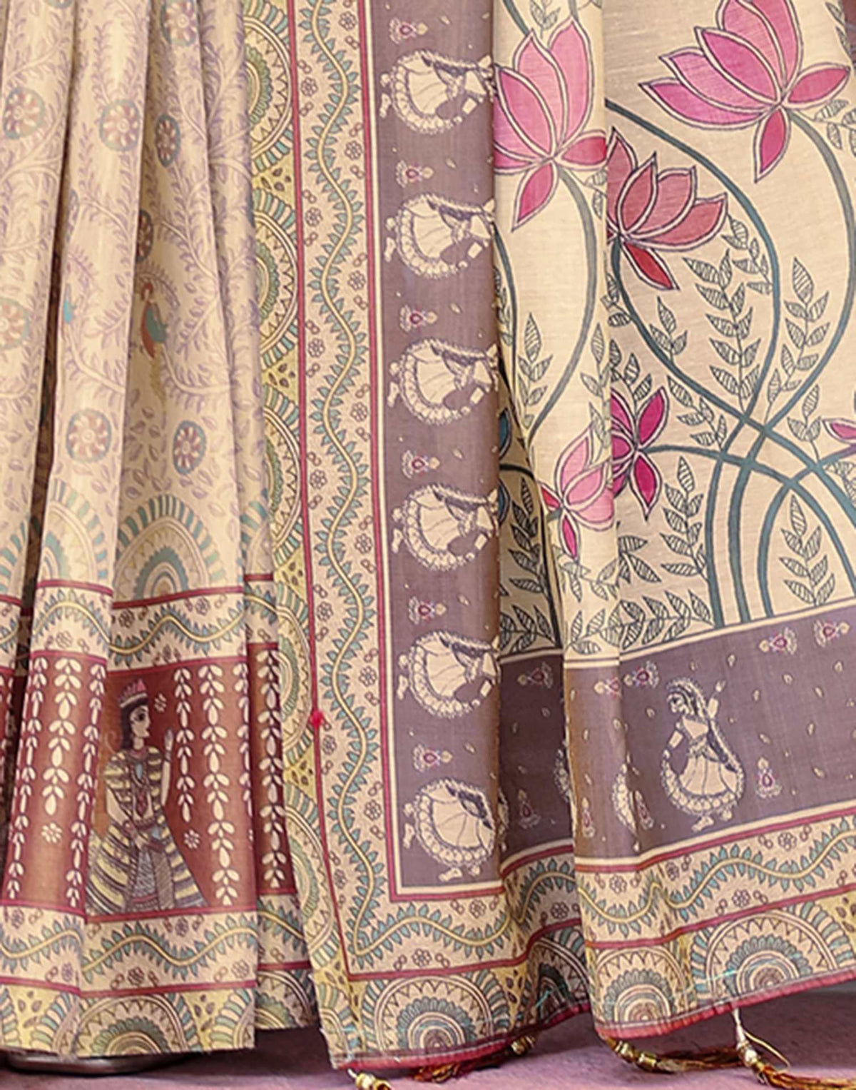 Beige Shimmer Silk Printed Saree