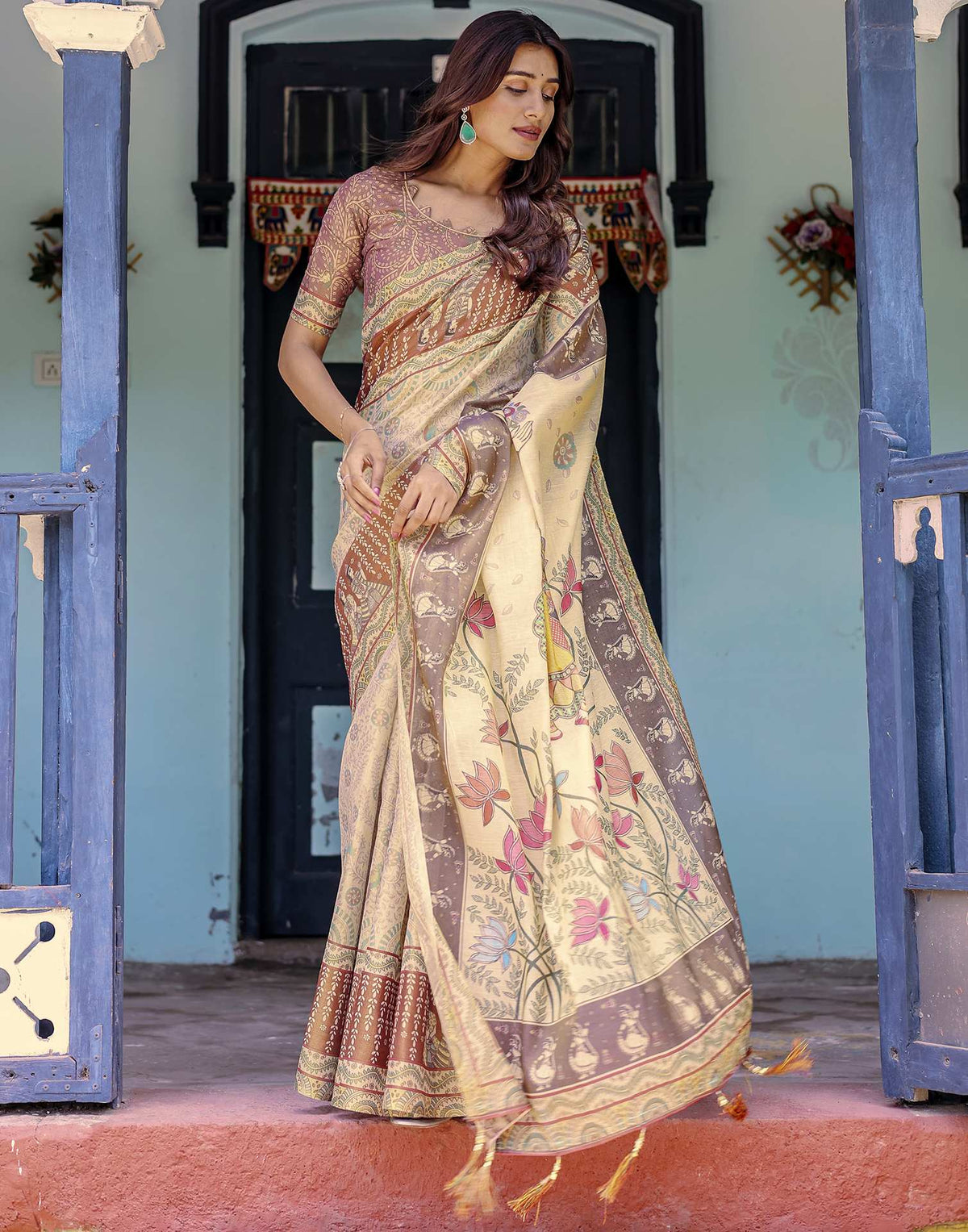 Beige Shimmer Silk Printed Saree