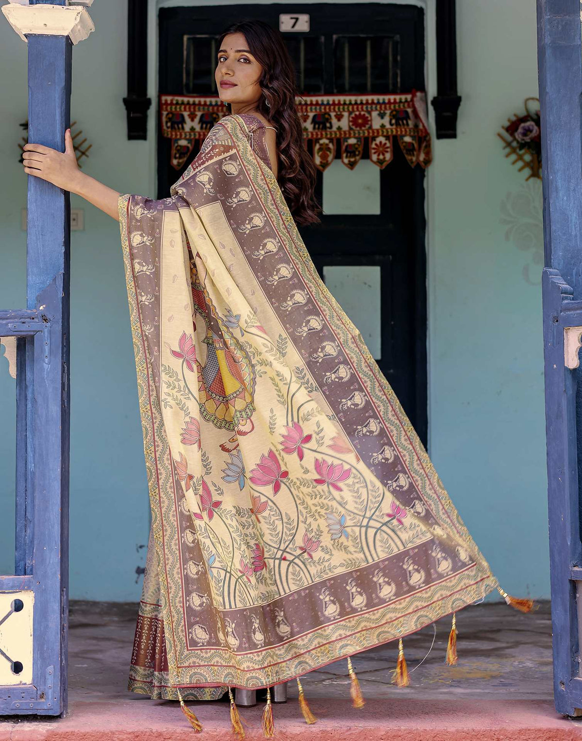 Beige Shimmer Silk Printed Saree