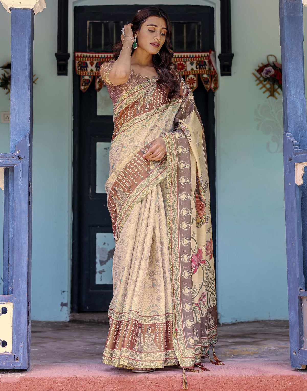 Beige Shimmer Silk Printed Saree