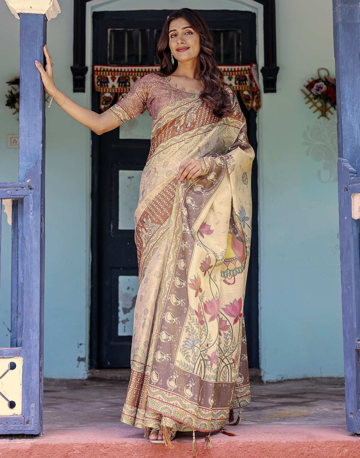 Beige Shimmer Silk Printed Saree