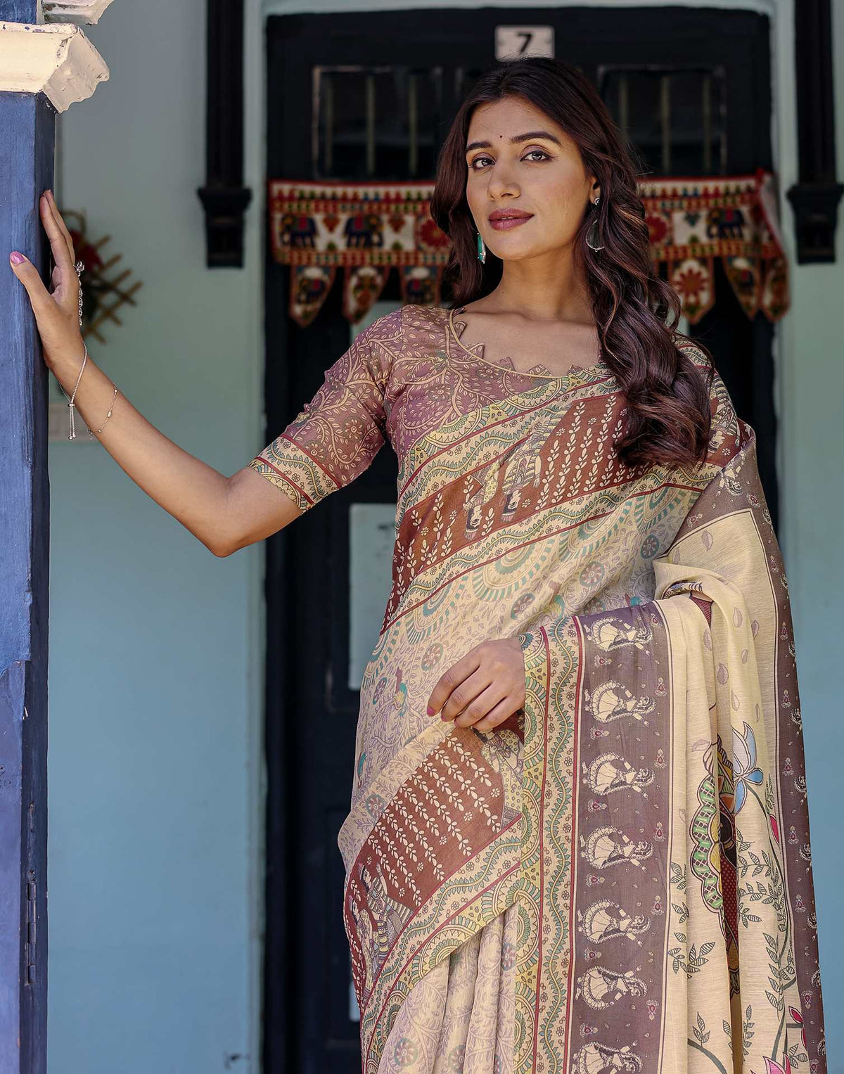 Beige Shimmer Silk Printed Saree