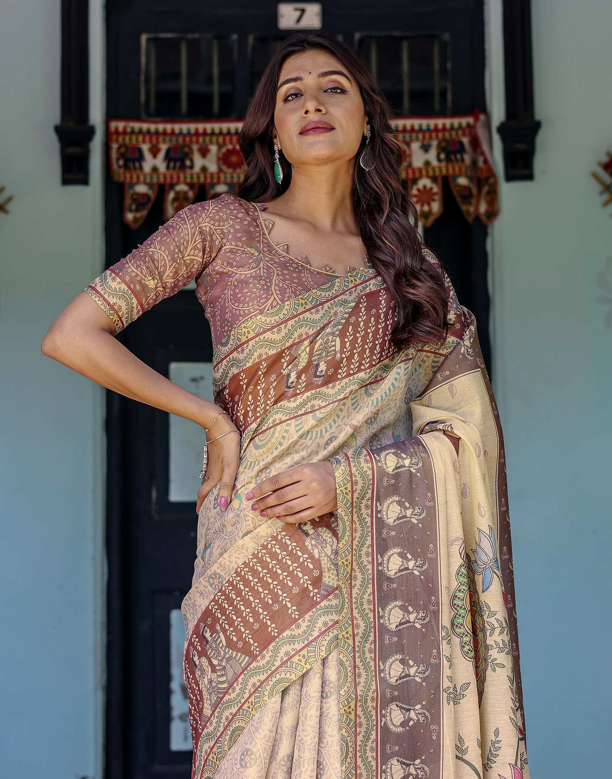 Beige Shimmer Silk Printed Saree