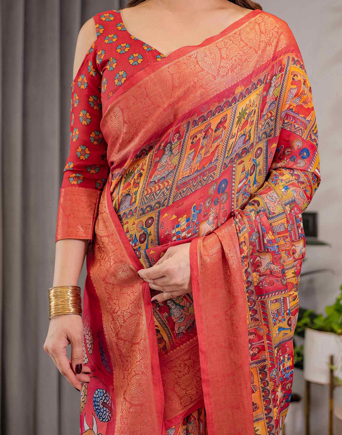 Coral Red Linen Printed Saree