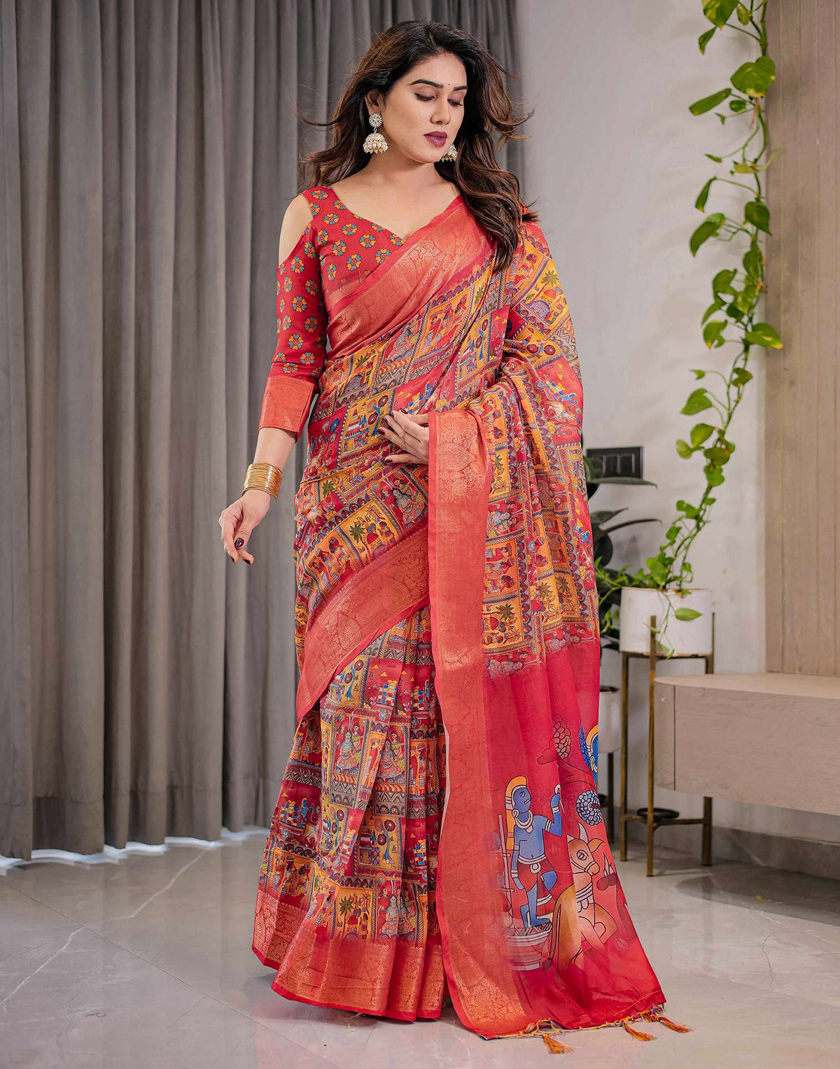Coral Red Linen Printed Saree
