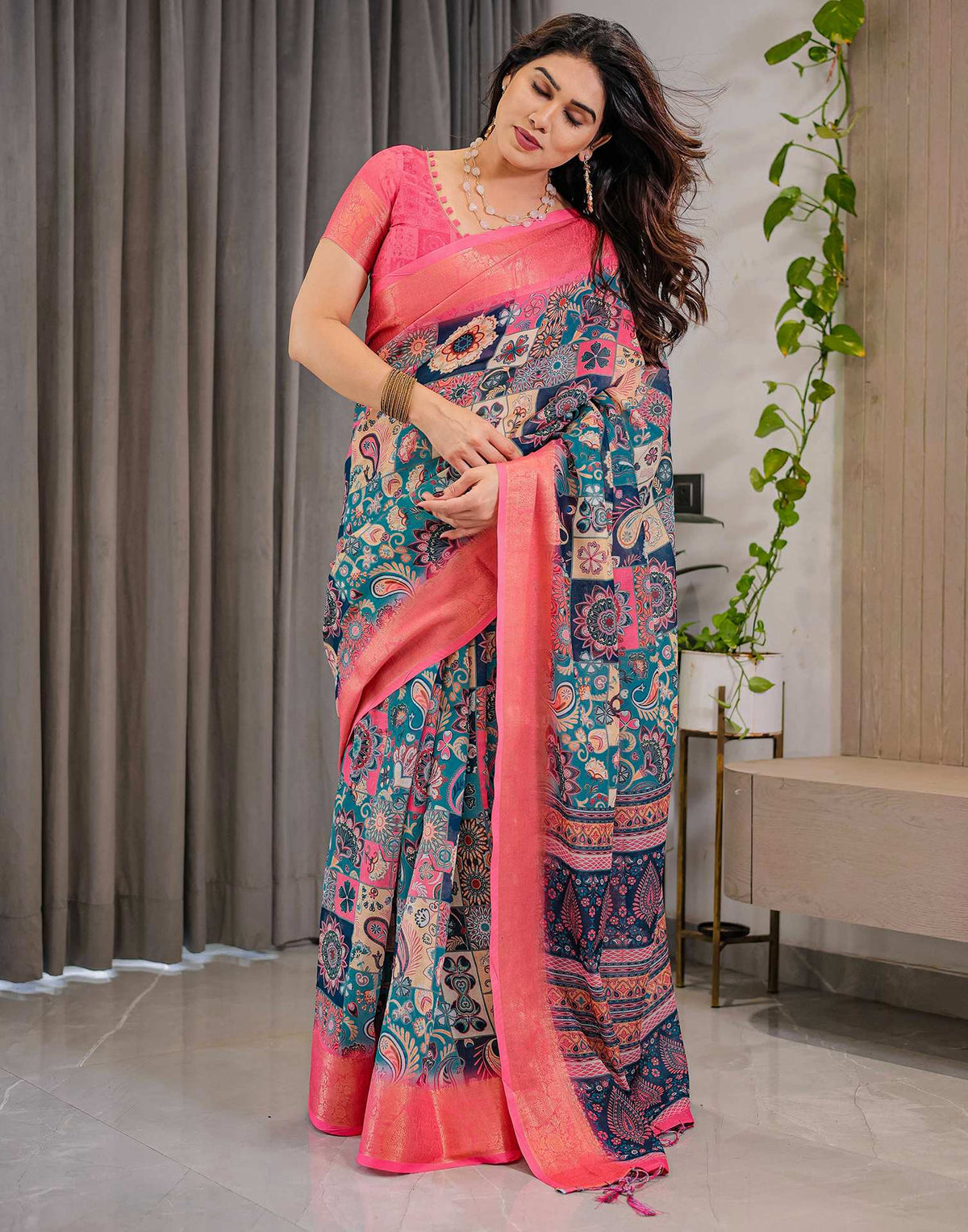 Navy Blue Linen Printed Saree