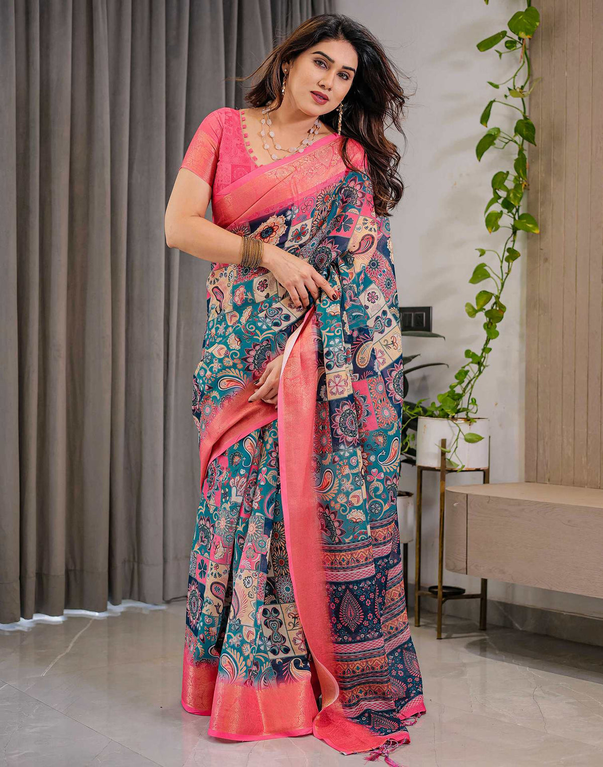 Navy Blue Linen Printed Saree