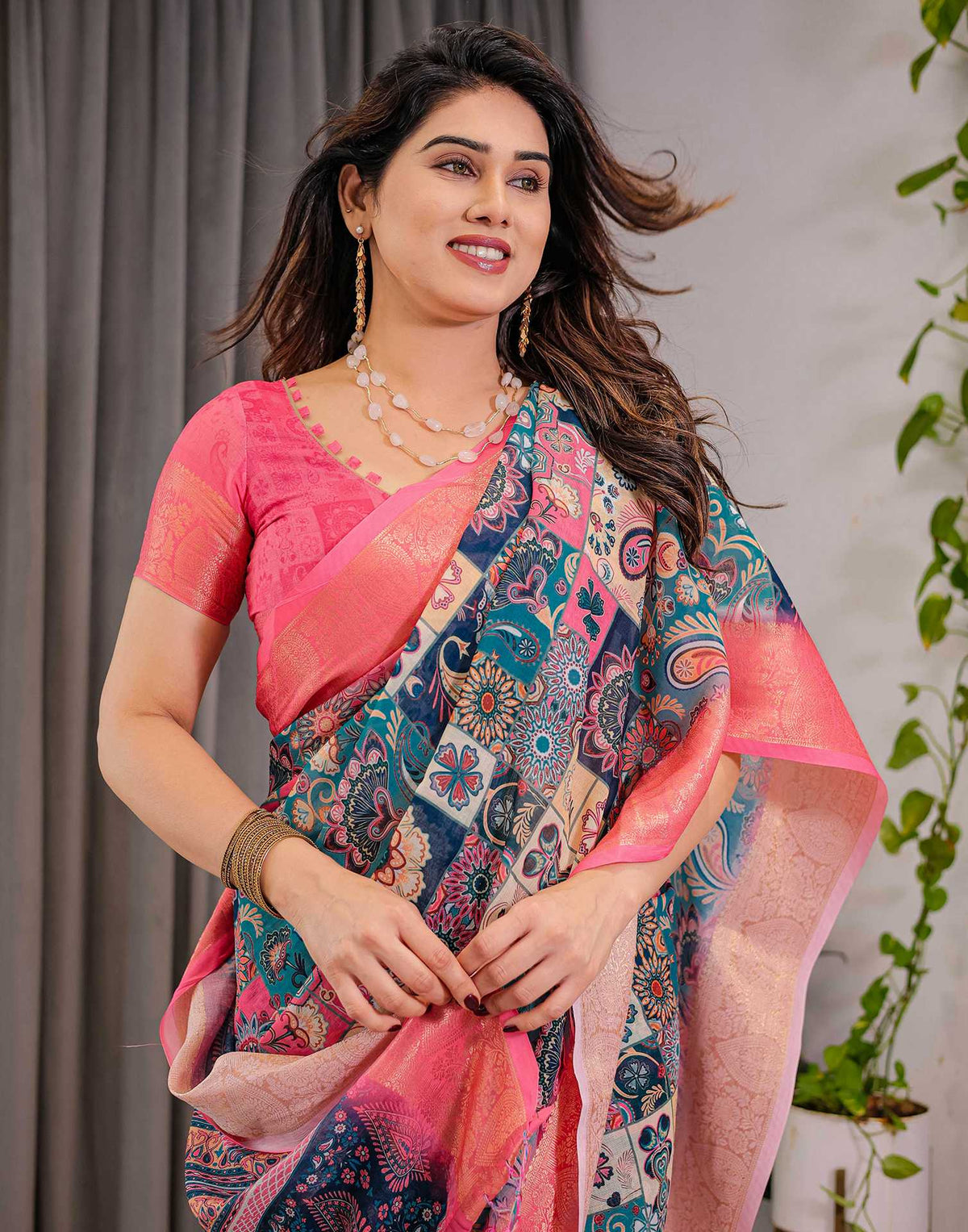Navy Blue Linen Printed Saree