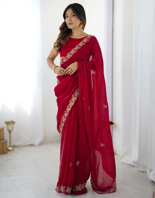 Red Tissue Silk Sequence Embroidery Saree