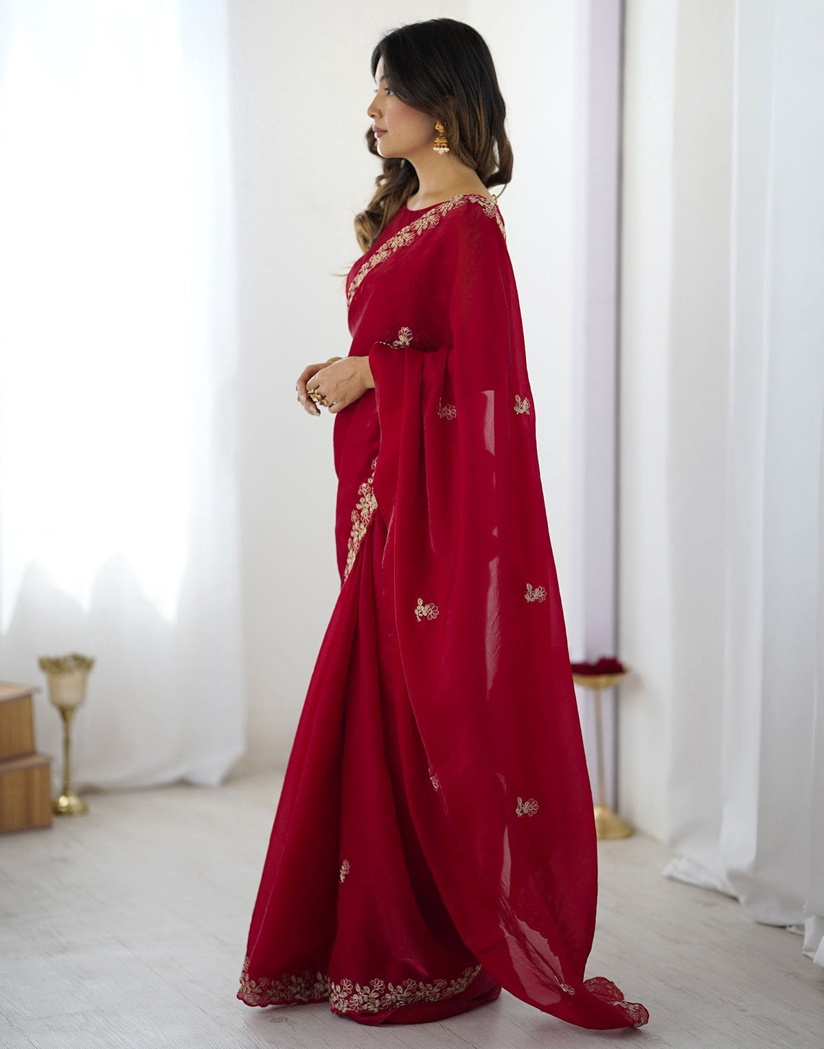 Red Tissue Silk Sequence Embroidery Saree