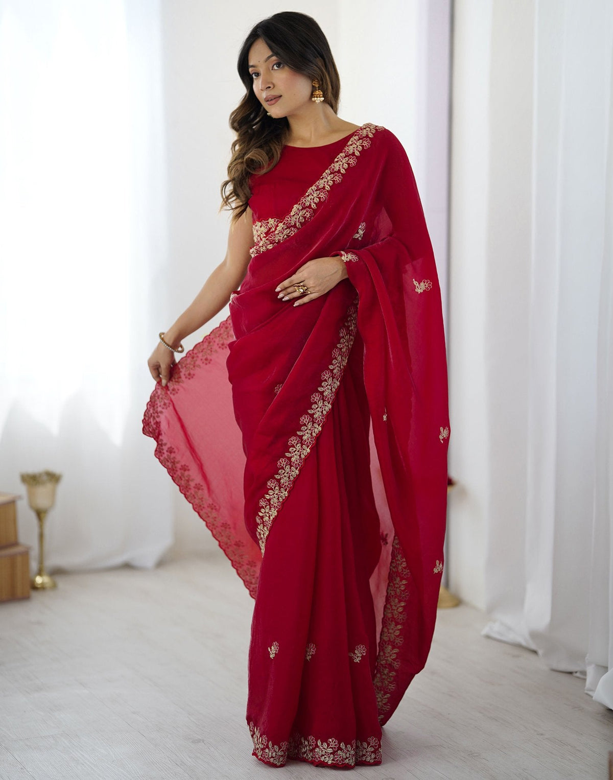 Red Tissue Silk Sequence Embroidery Saree