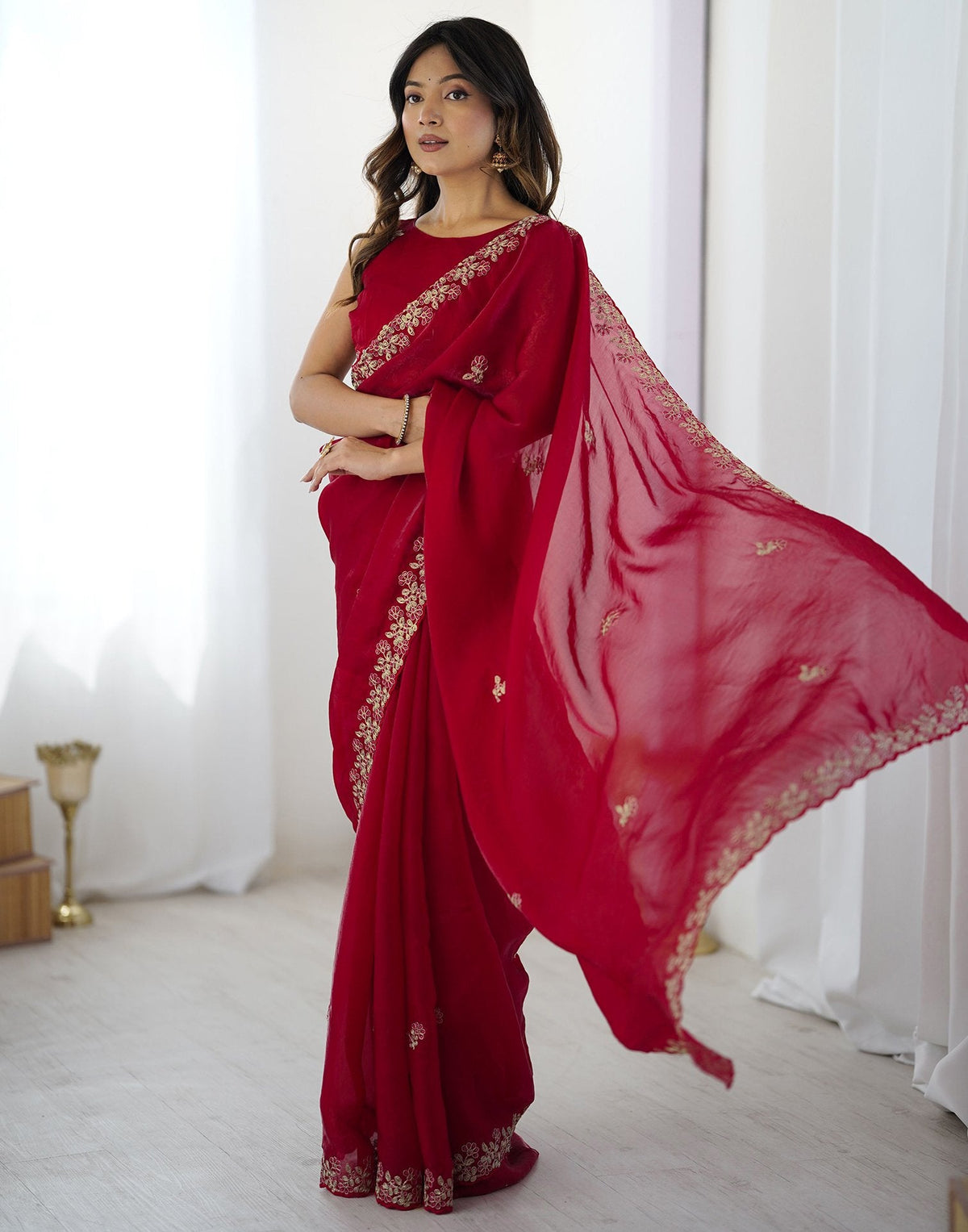 Red Tissue Silk Sequence Embroidery Saree