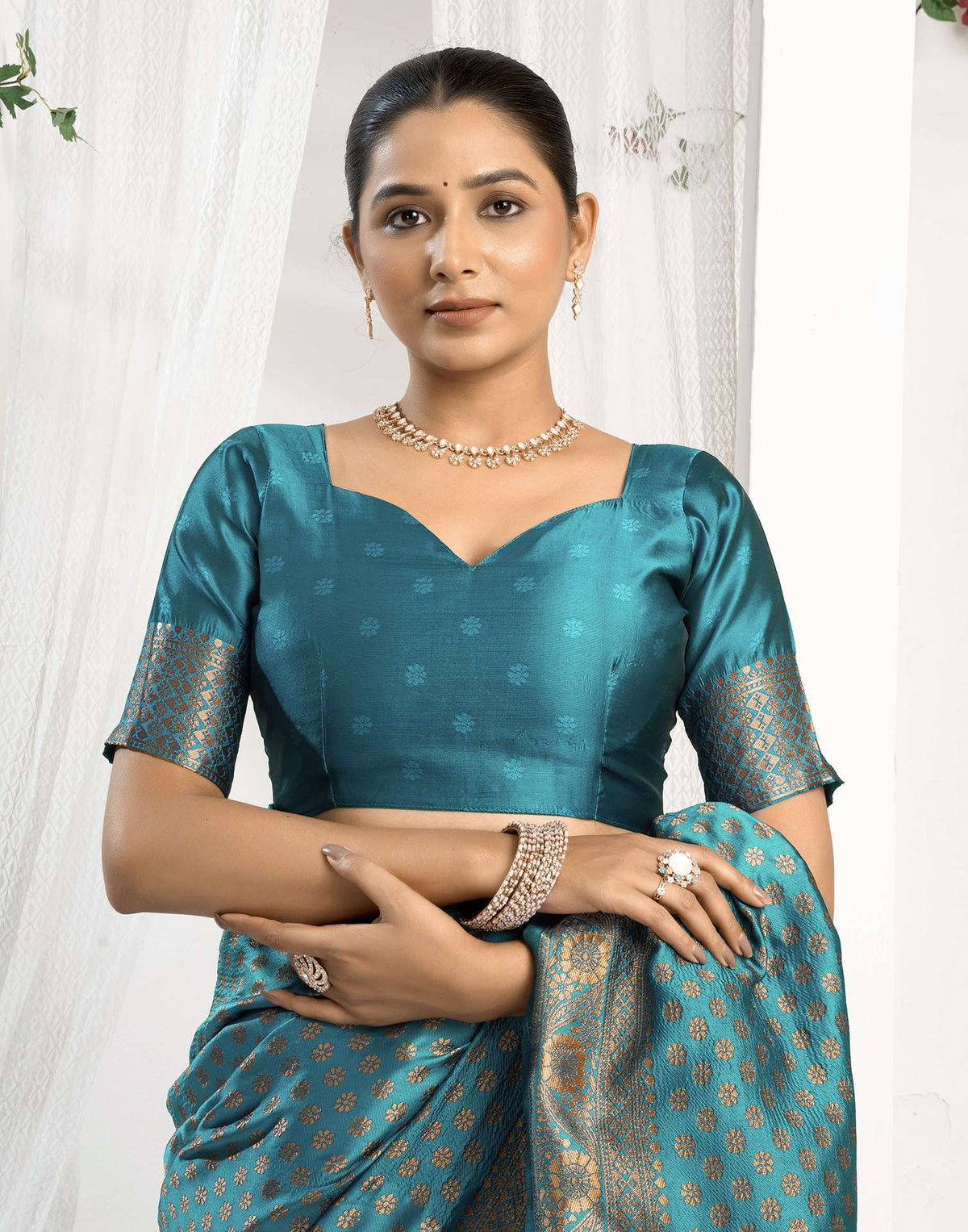 Teal Blue Silk Woven Banarasi Saree