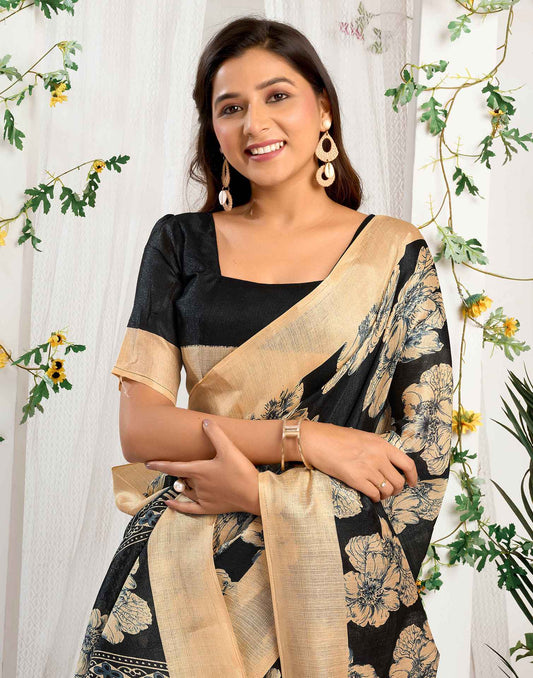 Black Cotton Floral Printed Saree