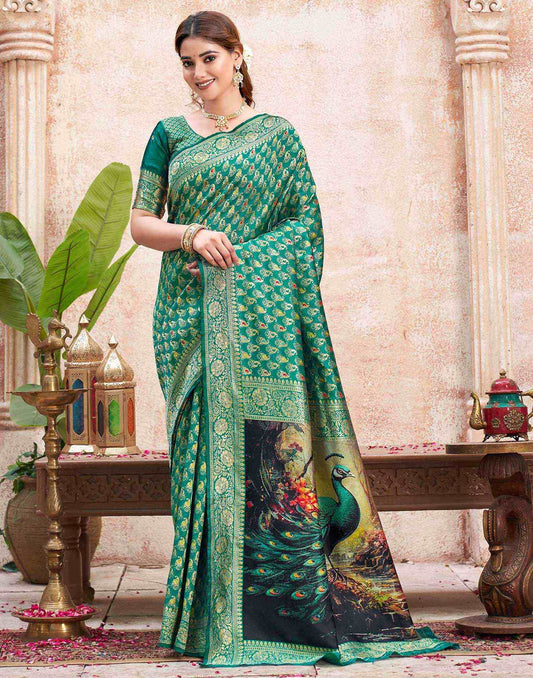 Teal Green Silk Woven Banarasi Saree