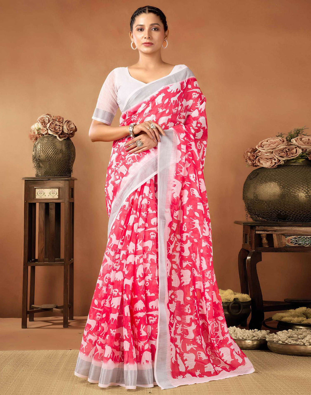 Coral Red Cotton Linen Printed Saree