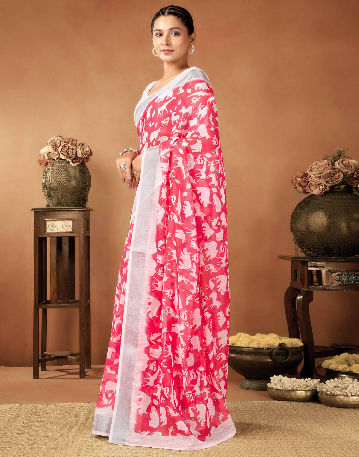 Coral Red Cotton Linen Printed Saree